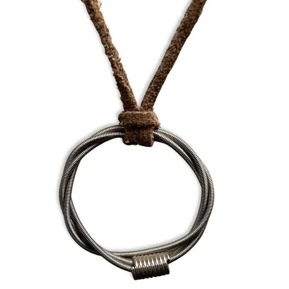 Vintage Modernist Round Braided Pendent Brown Leather Rope 925 Silver Necklace